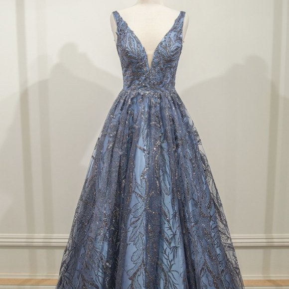 NEW SMOKEY BLUE FLORAL GLITTER PRINT Evening BALL EVENING PARTY GOWN Dress CD812 - Picture 1 of 7